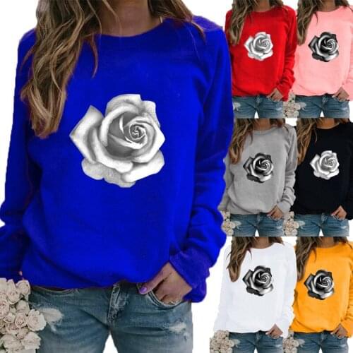 Womens Winter Plus Size Casual Rose Flower Printed T-shirt Long Sleeve Round Neck Comfortable Sports Sweatshirt