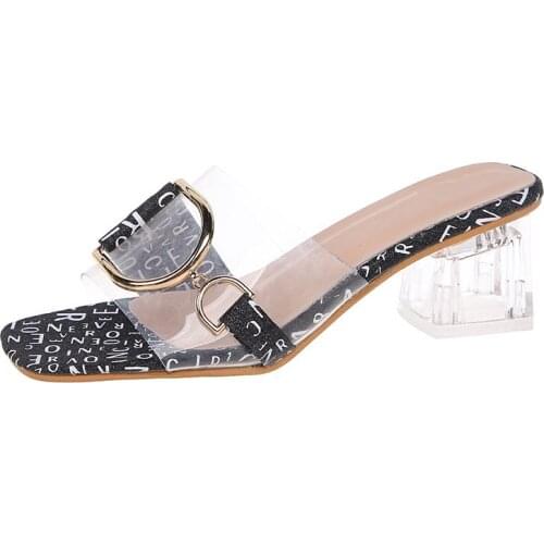 Big Size 43 44 45 Women Luxury Brand Design High Street Literal Artshoes Buckle Decor Clear Heeled Mule Slide Sandals RALSWNAY