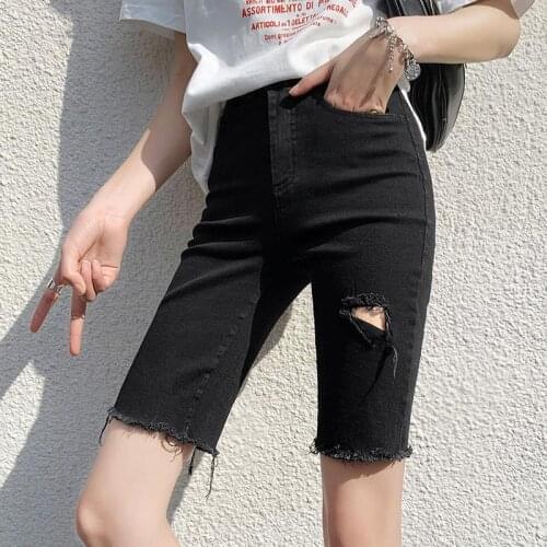 Knee Length Tassel Hole Denim Shorts Women Push Up Elastic High Waist Biker Shorts Jeans Feminino Summer 2021 Black Streetwear