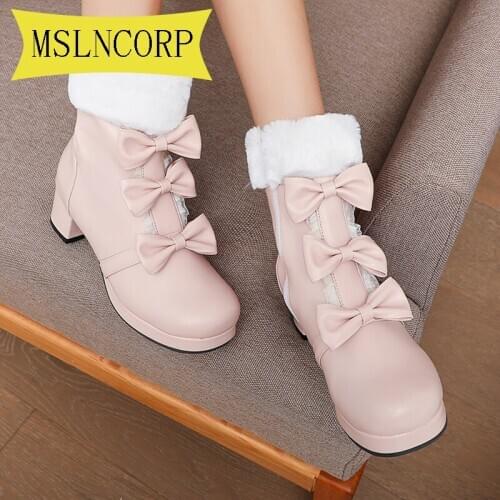 Plus Size 34-43 Winter Kawaii Sweet Lolita Shoes Vintage Round Head Plus Fuzzy Warm Women Shoes Cute Bowknot Kawaii Snow Boots