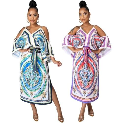 Casual Blue Pink Printed Summer Dresses Elegant Women Party Sexy Off Shoulder Spaghetti Strap Dress Loose Vestido Mujer 2021 New