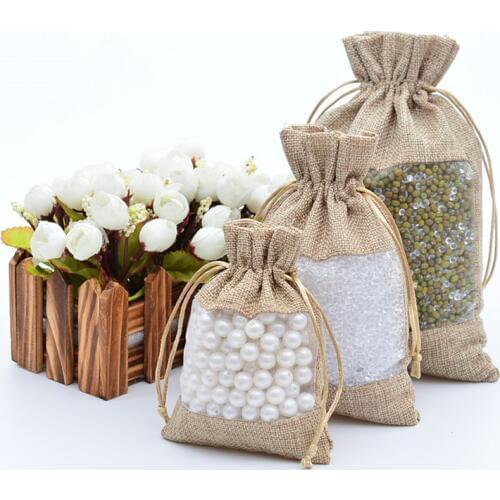 10pcs Clear Window Gift Packaging Bag Linen Storage Bag Candy Jewelry Bag Coffee Beans Tea Pouch Storage Organizer