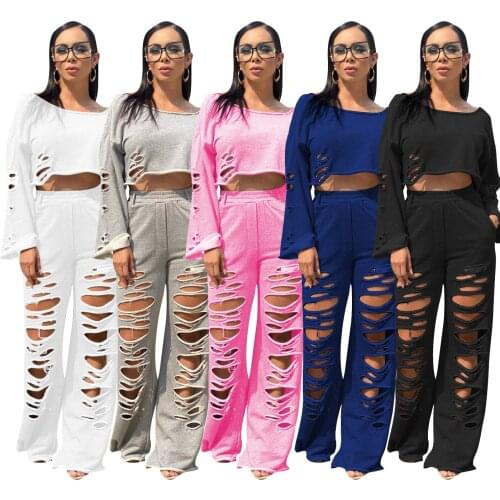 11TS1065 Autumn Winter Women Casual Fashion Solid Hole Two Piece Set Top and Boot Cut Pants Tracksuit Sweatsuit Outfits