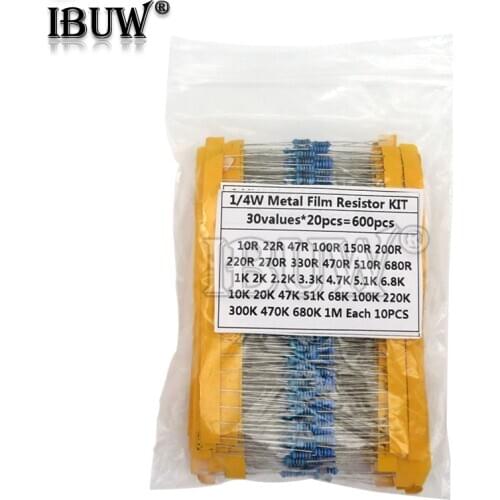 600PCS 1/4W 1% 30 Values*20PCS Metal Film Resistor Assortment Kit Set pack electronic diy kit resistor