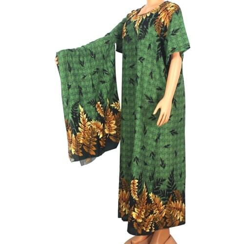 Dashikiage African Elegant Green 100% Cotton Floral Print Short Sleeve O-Neck Modern Summer Women Maxi Dress robe africaine