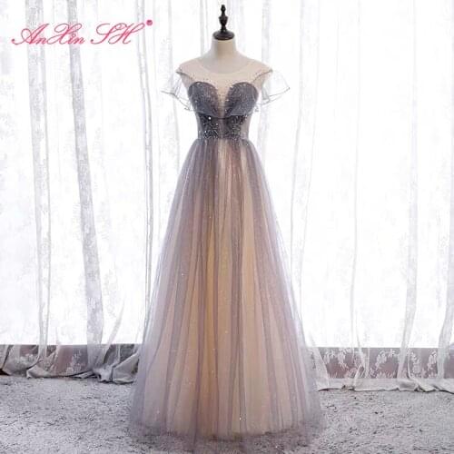 AnXin SH princess grey lace evening dress vintage party o neck beading crystal sparkly ruffles bride a line evening dress