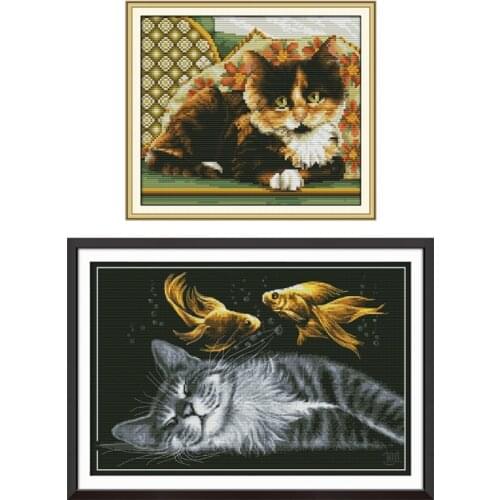 Joy Sunday Counted Cross Stitch Cotton DMC Cat Patterns Cross Stitching Printed Canvas Embroidery Kit DIY Needlework Aida Fabric
