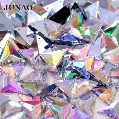 JUNAO 17mm Sewing Crystal AB Tri angle Rhinestones Flat Back Crystal Stones Applique Sewn Fancy Strass for Clothing Crafts