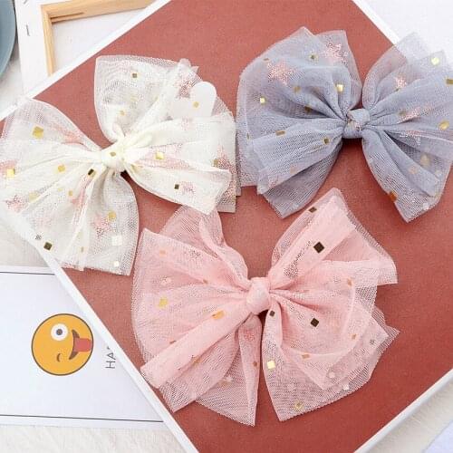 Ins 15pcs Fashion Cute Gauze Hair Bow Hairpins Big Glitter Star Bowknot Hair Clips Princess Headwear Girls Hair Accessories