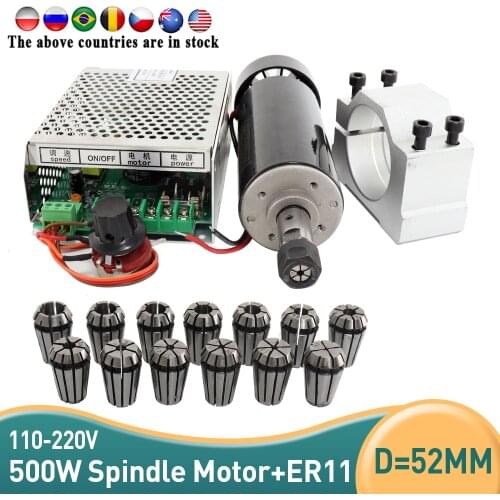 Spindle motor 500W air cooled 0.5kw milling Motor +spindle speed power converter+&52mm clamp+13pcs er11 collet for DIY