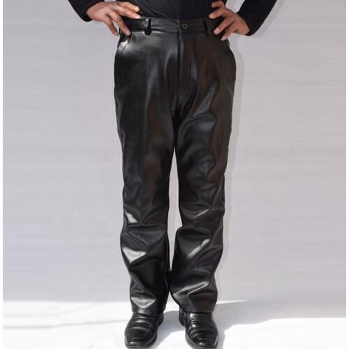 Spring and autumn male leather pants mens thermal PU windproof plus size loose work wear motorcycle leather trousers mens black