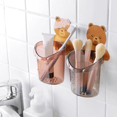 New Free Punching Cup Holder Bathroom Accessories Wall-mountedCartoon Bear Toothpaste Toothbrush Holder Cup Portable Washing Cup