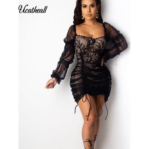 Bodycon Party Dress Women Sheer Mesh Long Sleeve Side Lace Up Pleated Pink Dresses Vintage Polka Dot Casual Dress