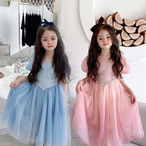 Girls Princess Dress 2021 Fashion Summer Clothes Lantern Sleeve Mid-Calf Length Dress with Sequin Mesh Patchwork Kids Dress