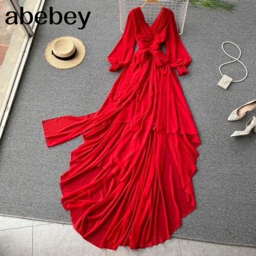 Retro Solid Wrap Dress Women V Neck Puff Sleeve Sundress Summer Bohemian Irregular Ruffles Long Dresses