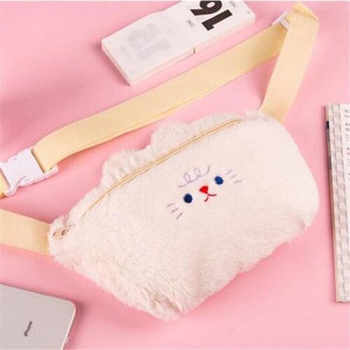 Girls Plush Waist Pack Cute Bear Belt Shoulder Bag Korea Flannel Chest Bag Winter Soft Crossbody Bag Student Messenger Bag Pouch