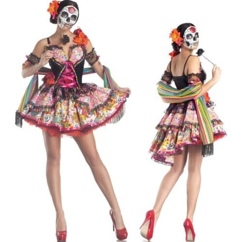 Mexico Day Of The Dead Scary Skull Zombie Ghost Bride Party Dress Halloween Masquerade Bloody Vampire Cosplay Costume