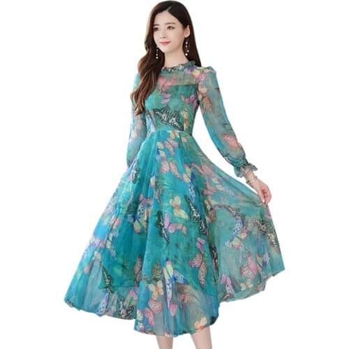 Women Print Chiffon Dress 2019 Spring new Hot Fashion Female Casual Flare Sleeve Dresses vintage Floral Long Dress