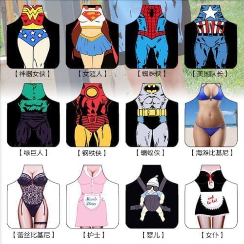 Cute Aprons Super hero Sexy Gril Funny Aprons Novelty Naked Men Women Lovely Aprons Kitchen Cooking Apron