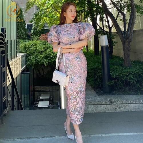 SMTHMA 2021 New Arrival Korean Style Slim Fashion Summer Dress Womens Elegant Lantern Sleeve Print Long Dress Vestidos
