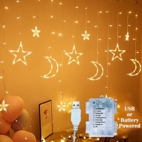 Moon Star Curtain String Lights 8 Modes Twinkle Window Light USB/Battery Powered 3.5M for Bedroom Home Garden Wedding Decorate
