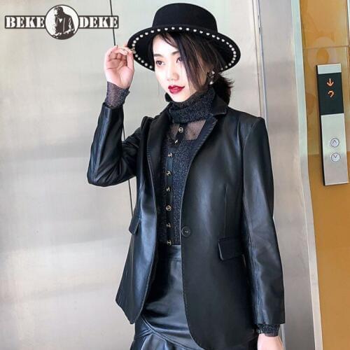 Spring Office Ladies Sheepskin Blazer Coat Women One Button Suit Top Genuine Leather Jacket Slim Fit Short Elegant Jackets 3XL
