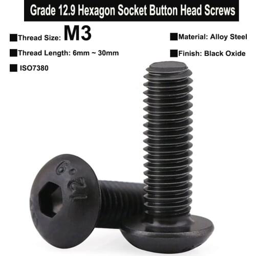 20Pcs M3x6mm~30mm Grade 12.9 Alloy Steel Hexagon Socket Button Head Screws Black Oxide Finished ISO7380