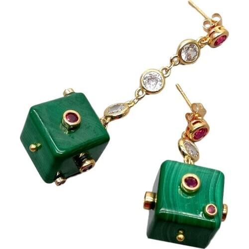 YYGEM cute style Cz Pave Chain Natural Green Malachite Cube Stud Earrings