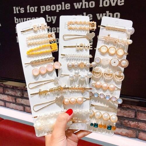 1Set Women Girls Elegant Pearls Geometric Hairpins Sweet Hair Ornament Clips Barrettes Headwear Ins Fashion Hair Accessories