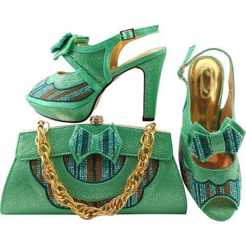 Green Color High Heel Matching Shoes and Bag Set Italian Design Shoes and Bags To Match Shoes with Bag Set