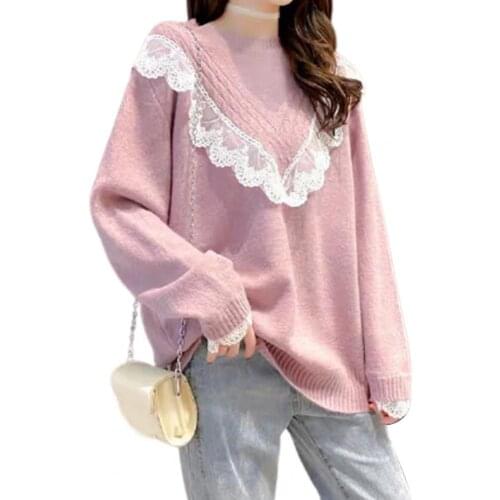 Women Autumn Loose Lace Solid Color Round Neck Long Sleeve Knitted Blouse Top