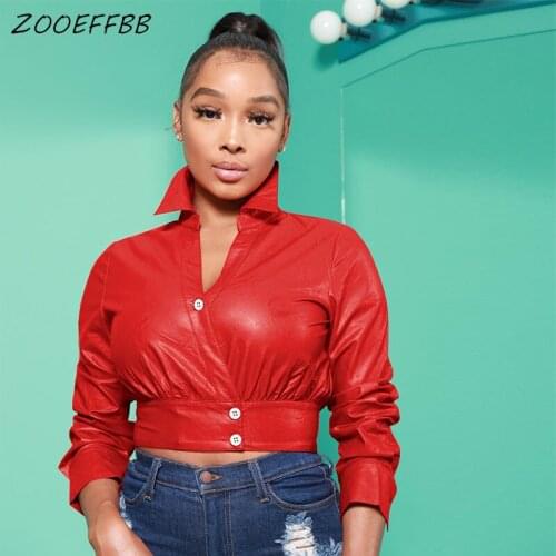 ZOOEFFBB Sexy PU Leather Turtleneck Blouse Women Autumn Vintage Clothes Long Sleeve Shirts Fashion Streetwear Button Up Top 2021