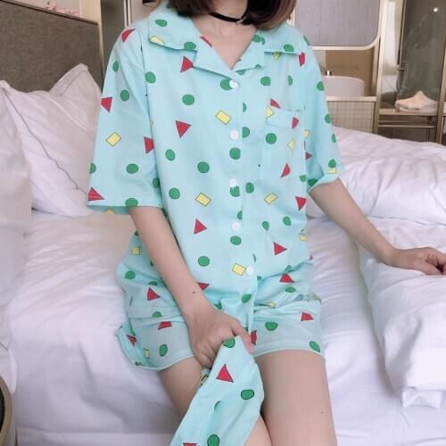 Sanderala Women Cotton Geometric Short Pajamas Sets Top Pants All Match Comfortable Cartoon Sleepwear Solid Short Pj Set