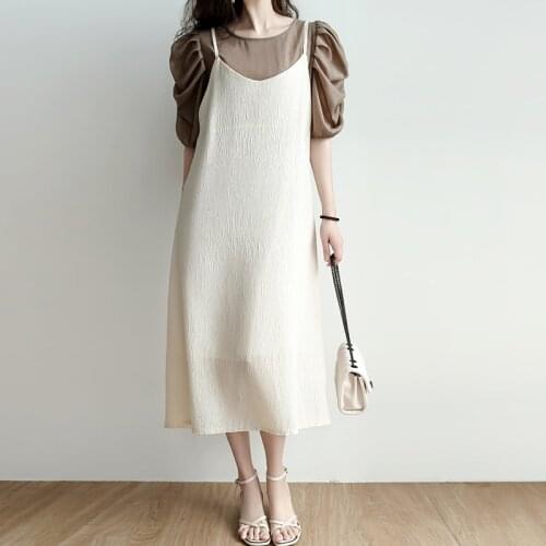 QOERLIN Two Piece Tops and Dresses Suits Women Puff Sleeve Chiffon Shirts Spaghetti Strap V Neck Straight Dress Sets 2 Pieces