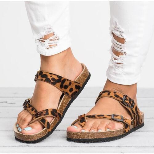 2020 Leopard Print Women Summer Beach Casual Shoes Retro Flat slides Thick-Soled Cork Slipper Wood Flip Flops sandal