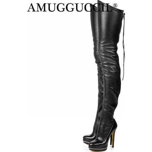 2021 New Plus Big Size 34-52 Black White Wine-red Zip Sexy Thigh High 14.5CM Heel Platform Over The Knee Autumn Women Boot X1660