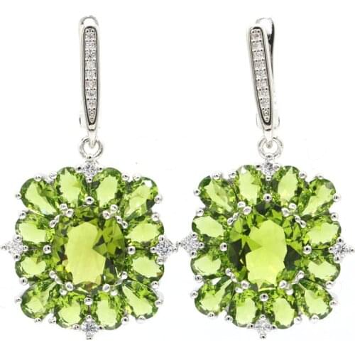 42x22mm Beautiful Jewelry Set 11g Created Green Peridot Pink Tourmaline CZ Woman 925 Sterling Silver Pendant Earrings Daily Wear