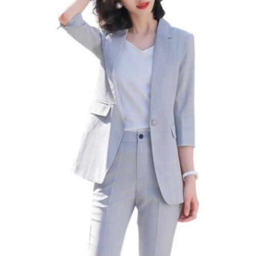 Plaid Suit Blazer Womens Plus Sizes Mid Sleeve Blazers Turn-down Collar Jacket Outerwear Solid Slim Black Casual