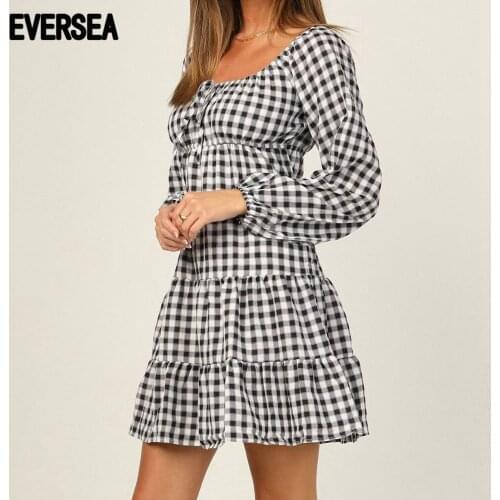 Eversea Autumn Plaid Dress Vintage Retro Long Sleeve Women Backless Tie Bandage One Pieces