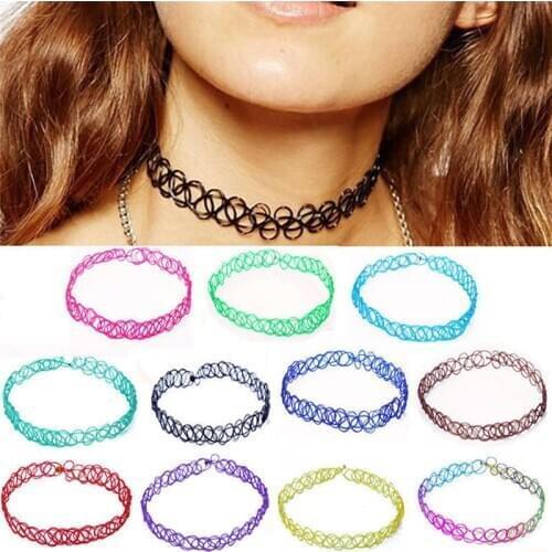 12 Pcs/pack 12 Colors Tattoo Rainbow Chokers Necklace Vintage Stretch Quarz Elastic Henna Gothic Punk Elastic Women Jewelry