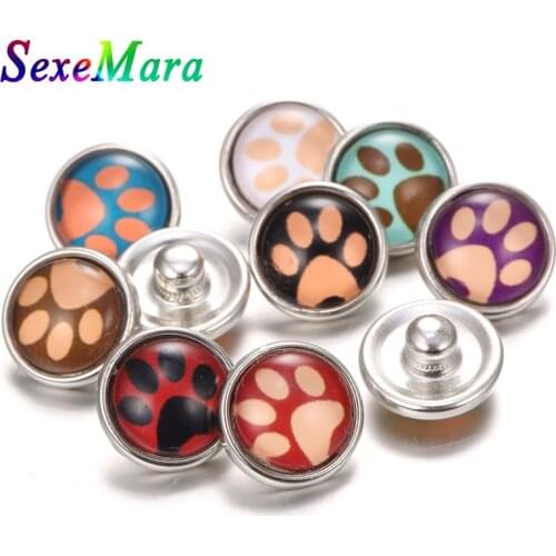20pcs/lot Snap Button Jewelry Cat Dog Pet Footprints Flower Round 12mm Glass Snap Buttons Fit DIY Mini Snap Bracelet Earrings