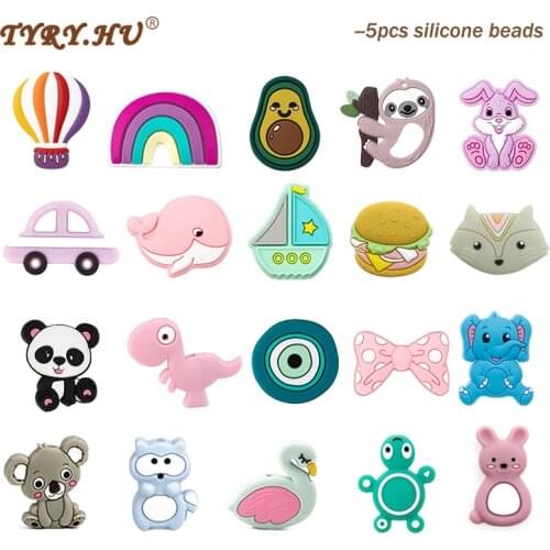 5Pcs Sloth Koala Silicone Beads Cartoon Rabbit Tortoise Rainbow Silicone Beads BPA Free Baby Pacifier Chain DIY Accessories
