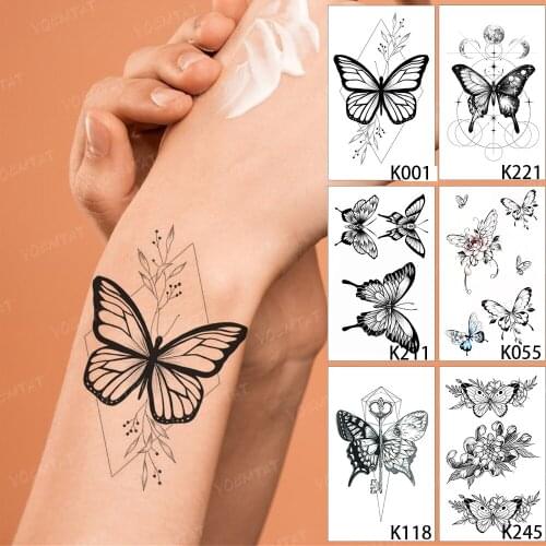 6PC Waterproof Temporary Tattoo Sticker Set Dark Black Butterfly Line Flower Flash Tatoo Woman Kid Child Body Art Fake Tatto Man