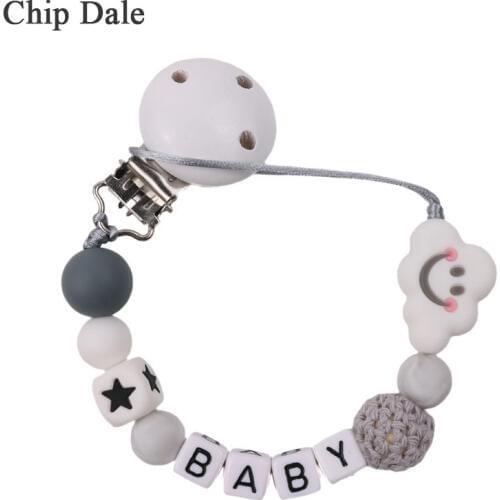 Chip Dale Baby Pacifier Clips DIY Pacifier Chain with Clouds Silicone Beads Wooden Holder Infant Feeding Teething Chew Toys