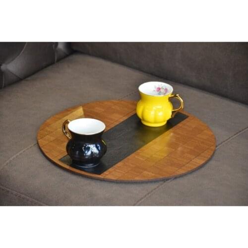 Wood Folding Portable American Service Side Coffee Table Medium Leather 38cm x 38cm Walnut Color made in turkey