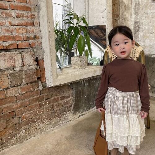 Korean childrens clothing 2021 autumn new middle and small girls' skirt Plaid lace skirt cotton skirt