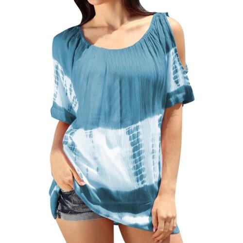 80% Dropshipping!!Cold Shoulder Short Sleeve T-shirts Trendy Round Neck Tie-dye Print Loose Top for Going Out