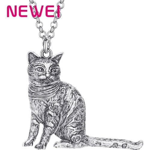 Newei Alloy Plated Antique Silver Elegant Cat Kitten Necklace Animal Pendant Jewelry For Women Girl Party Gift Charms Decoration