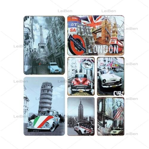 City Architecture Retro Metal Plaque London Cuba France Metal Tin Sign Nordic Vintage Landscape Art Poster Home Decor Bar Club