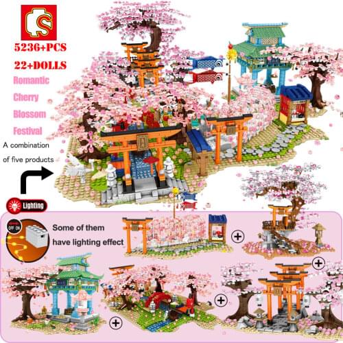 SEMBO Cherry Tree City Architecture Streets Building Block Inari Shrine Mini Street View Kit Bricks DIY Toys Gift for Children